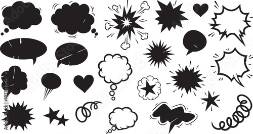 Black comic book speech bubbles and explosion effects on white background