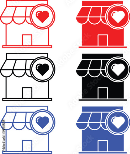 Shop icon with heart symbol representing favorite store or customer loyalty program