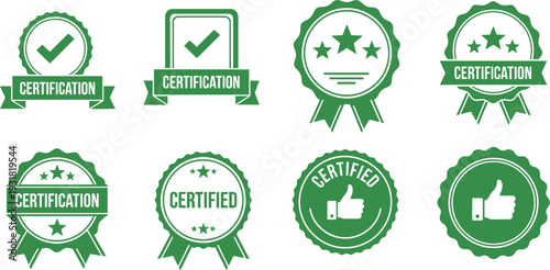 A collection of eight green certification and quality assurance icons on a white background, featuring checkmarks, stars, and ribbons.