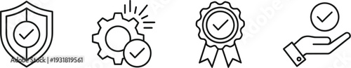 A set of four minimalist line icons representing quality assurance, security, verification, and guarantee concepts on a clean white background.