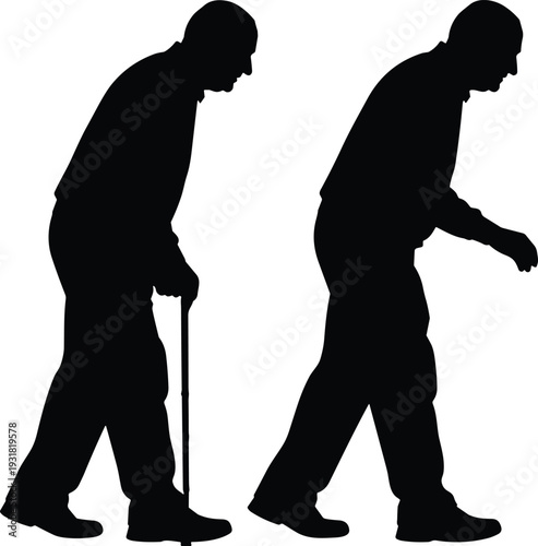 Silhouettes of elderly people walking with cane, aging posture, mobility support, rehabilitation recovery, 