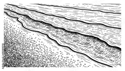 Vintage hand drawn sketch of sea waves rolling on pebbled beach shoreline
