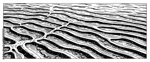 Hand drawn sketch of river delta channels and winding water streams in vintage style