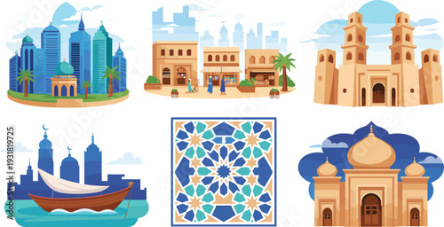 Arabian city skyline and traditional architecture illustration, Middle Eastern landmarks, Islamic pattern mosaic, mosque, desert culture travel concept