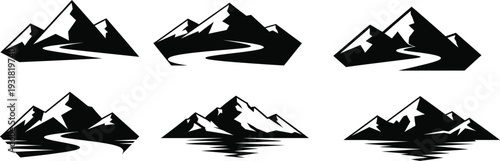 A collection of six different black and white mountain logo designs featuring winding paths and water reflections, perfect for outdoor adventure branding.