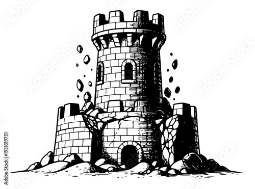 Hand drawn crumbling medieval castle tower with falling stones in vintage engraving style