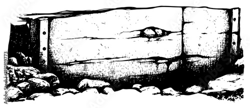 Hand drawn ancient stone wall or monolith with cracks and rocks in vintage engraving style