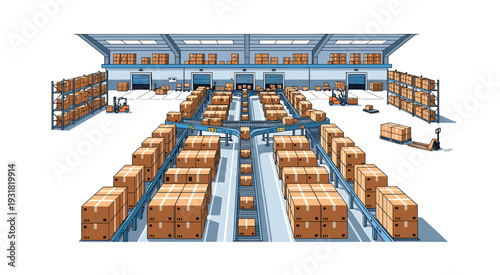 Busy Warehouse Interior with Forklifts and Boxes Vector Illustrations.