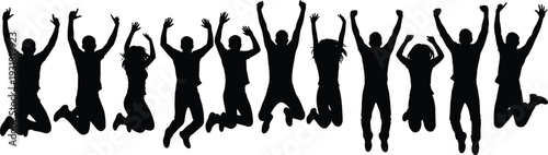 Silhouettes of people jumping celebration, group joy unity, achievement success vector illustration, 