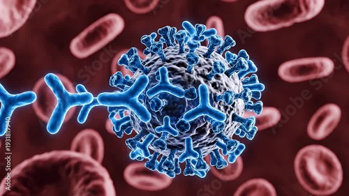 Microscopic Virus in Bloodstream - A detailed, close-up 3D video depicts a virus particle surrounded by red blood cells. The virus has a spiked protein structure which allow it to infect cells.