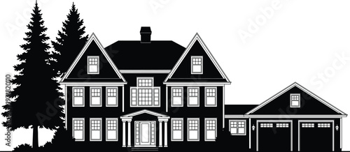 PrintSilhouette of large two-story house, traditional residential architecture, garage trees vector 