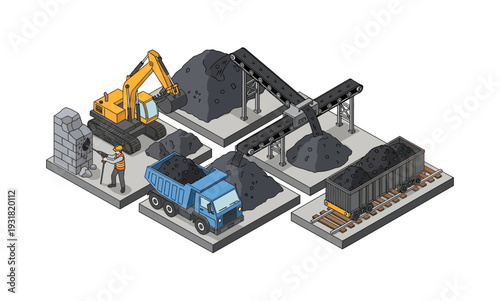 фотографія Isometric Coal Mining and Transportation Process with Excavator, Truck, and Train