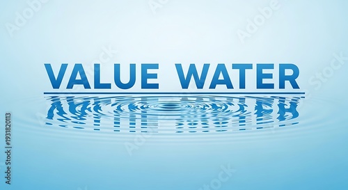 Value water bold blue text standing on calm liquid surface with distorted reflection on gentle ripples against light background for environmental messaging