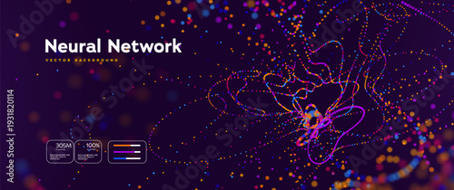 Big Data Analytics Background With Glowing Colorful Dots Forming Curved Lines. Artificial Intelligence Brain Abstract Background. Bigdata Streams Futuristic Concept. Vector Illustration.