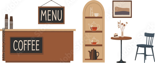 Cozy coffee shop interior illustration, modern cafe counter with menu board, teapots shelf, cake table and chair design