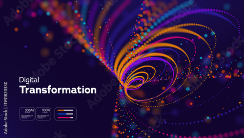 Futuristic Digital Technology Background.Digital Transformation Concept With Colorful Data Vortex Dots On Dark Background. Digital Transformation Ideas For Big Data Analytics. Vector Illustration.