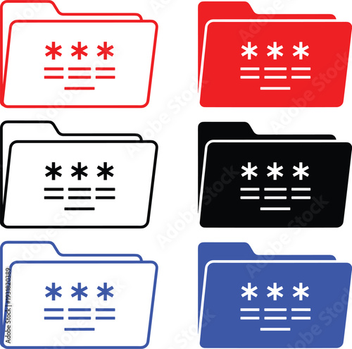 Folder icon with password symbol set for secure documents private information confidential data access