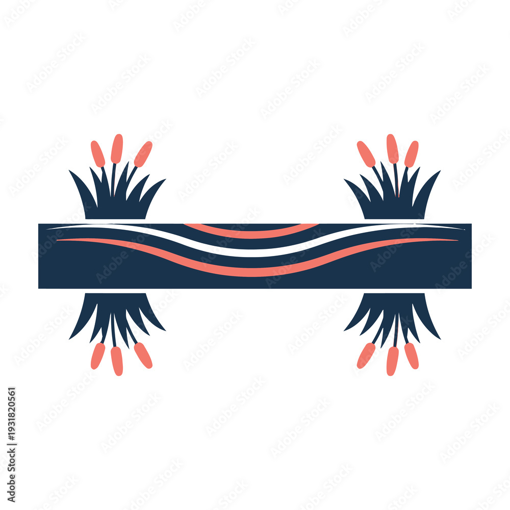 Obraz premium Abstract modern design with flowing wavy lines and symmetrical botanical elements in blue and coral tones