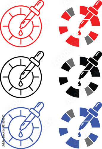 Color picker pipette icons set with circular palette for graphic design and digital art software tool