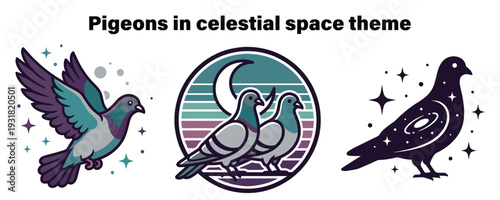 Pigeons soar through a magical celestial space with stars and moon