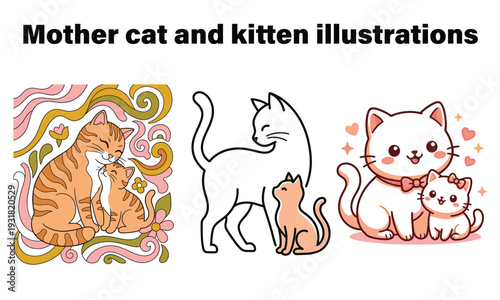 Adorable mother cat and playful kittens in cute illustrations