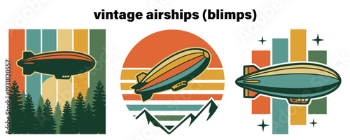 Vintage airships flying over scenic landscapes in retro style