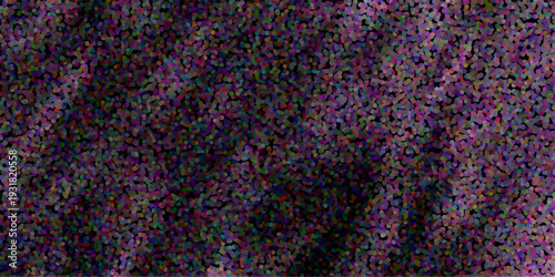 Vibrant abstract pointillism texture with a dark background and a dense scattering of colorful dots in purple red blue and green hues