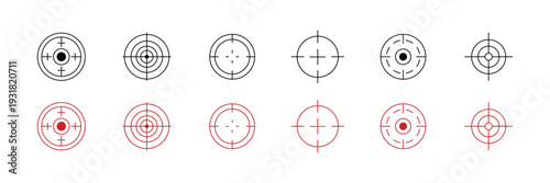 Minimal Crosshair Target Icon Set, Circular Sniper Scope Reticle Collection, Precision Aim Symbols, Geometric Sight Interface Elements, Black and Red Flat Vector Illustration Pack.eps10