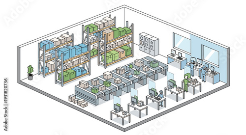 Busy Warehouse Interior with Forklifts and Boxes Vector Illustrations.