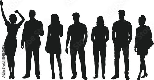 Black silhouettes of diverse men and women standing in a row wearing casual and formal clothing isolated on white background for lifestyle and corporate.
