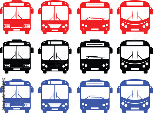 Public transportation bus front view collection for city transit school travel and commuting design