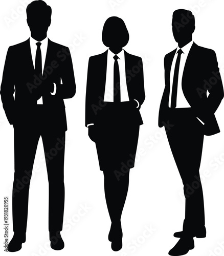 Black silhouettes of two professional businessmen and one businesswoman wearing formal suits and ties standing in various poses isolated on white background for corporate.