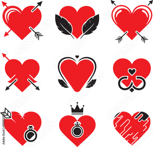 heart icons with arrows rings and crowns on white background