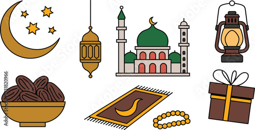 Ramadan Kareem illustration with mosque crescent moon lantern dates prayer beads and Islamic symbols vector set isolated on background