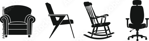 Silhouettes of various chairs on white background