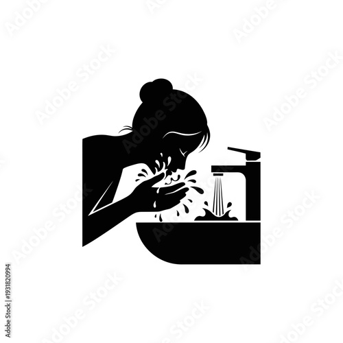 Silhouette of a person washing their face at a sink with running water from a faucet, a common hygiene practice for cleanliness and refreshment