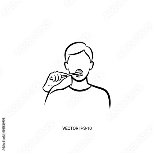 Minimalist black outline vector illustration depicting a person brushing teeth, emphasizing daily oral hygiene and dental care routine, perfect as a clean health-related icon or graphic element