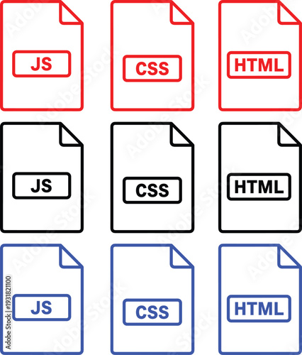 File icons for JavaScript CSS and HTML in red black and blue representing web development languages