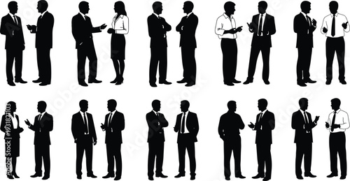 Black silhouette vector illustration of business people, professional conversation, teamwork, corporate communication, office staff interaction, workplace diversity, business attire figures