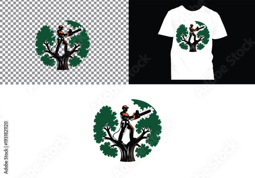 Lumberjack and Chainsaw Cutting logo, Woodcutting Tree Trunk Logo editable vector Design 