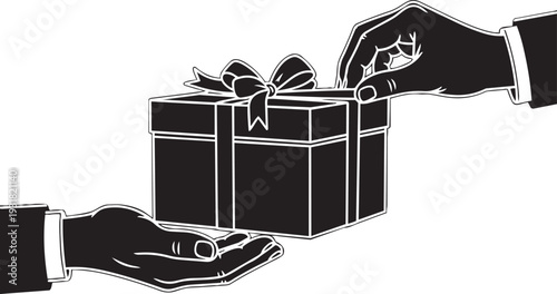Two hands exchanging a gift box with a bow on top