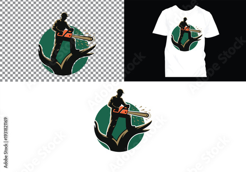 Lumberjack and Chainsaw Cutting logo, Woodcutting Tree Trunk Logo editable vector Design 