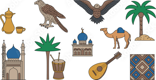 Traditional Middle Eastern culture icons set, Arabic coffee dallah, falcon, mosque, camel, palm tree, oud instrument illustration vector