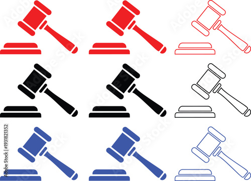 Gavel icons in red black and blue symbolizing justice law and auction symbol set