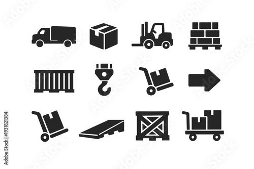Simple container forklift crane loading ramp arrow vector generation box icon image