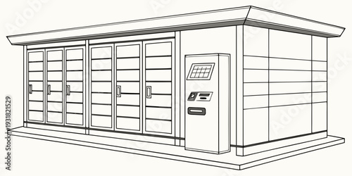 A large industrial storage unit with multiple compartments and a secure door