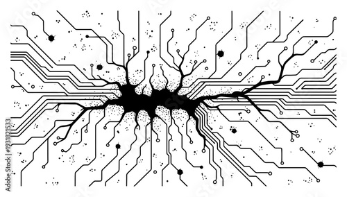 Abstract circuit board motherboard pattern with cybernetic neural network connections and digital technology elements