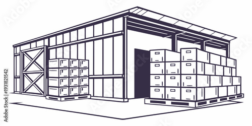 A large industrial warehouse with stacked pallets and forklifts inside.