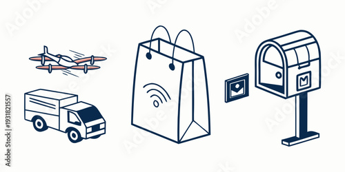 Illustration of various delivery methods including truck, plane, and mailbox