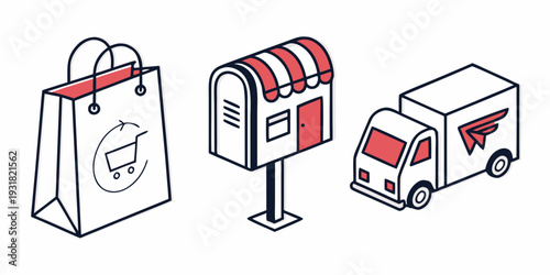 Illustration of a shopping bag, mailbox, and delivery truck.